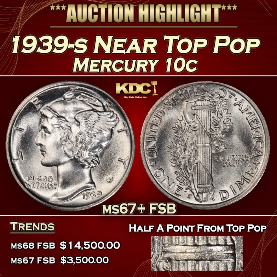 1939-s Mercury Dime Near Top Pop 10c ms67+ FSB SEGS