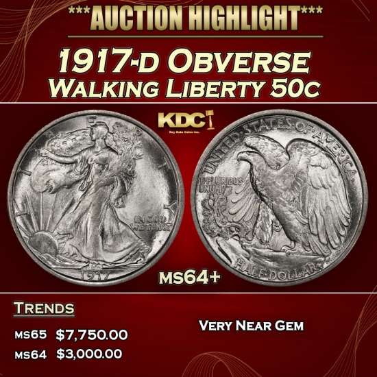 1917-d Obverse Walking Liberty Half Dollar 50c ms64+ SEGS