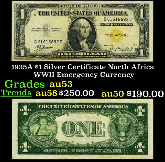 1935A $1 Silver Certificate North Africa WWII Emergency Currency Grades Select AU