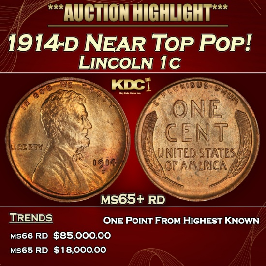 1914-d Lincoln Cent Near Top Pop! 1c ms65+ rd SEGS