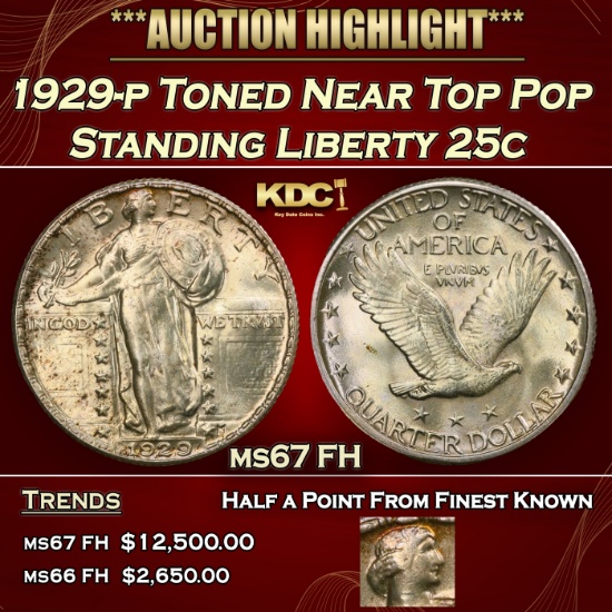 1929-p Standing Liberty Quarter Toned Near Top Pop 25c ms67 FH SEGS