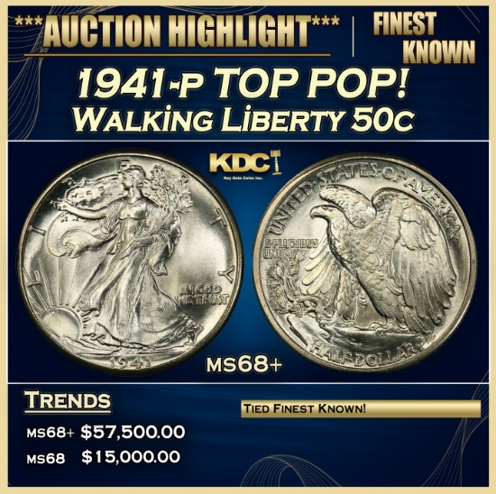 1941-p Walking Liberty Half Dollar TOP POP! 50c ms68+ SEGS