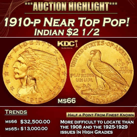 1910-p Gold Indian Quarter Eagle Near Top Pop! $2 1/2 ms66 USCG
