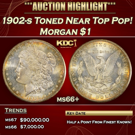 1902-s Morgan Dollar Toned Near Top Pop! $1 ms66+ SEGS