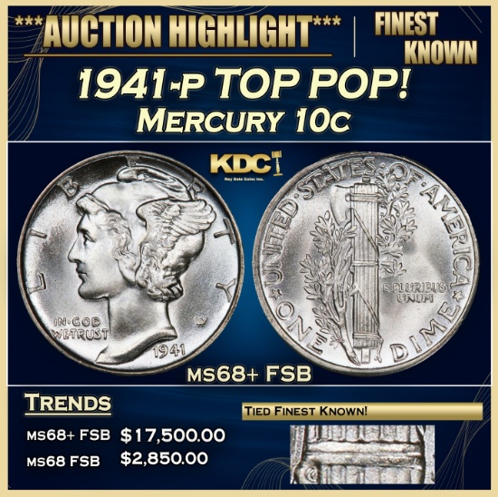1941-p Mercury Dime TOP POP! 10c ms68+ FSB SEGS