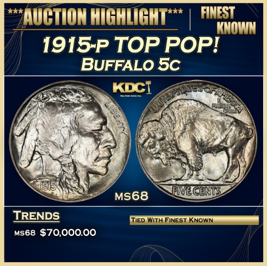 1915-p Buffalo Nickel TOP POP! 5c ms68 SEGS