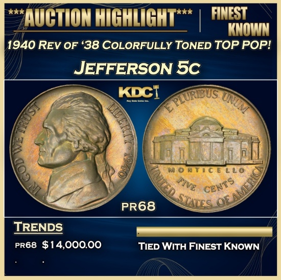 1940 Rev of '38 Proof Jefferson Nickel Colorfully Toned TOP POP! 5c Grades pr68