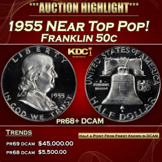 1955 Proof Franklin Half Dollar NEar Top Pop! 50c pr68+ DCAM SEGS