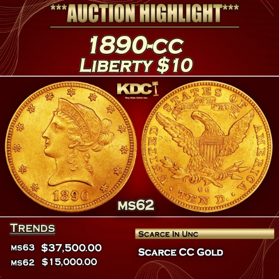 1890-cc Gold Liberty Eagle $10 ms62 USCG