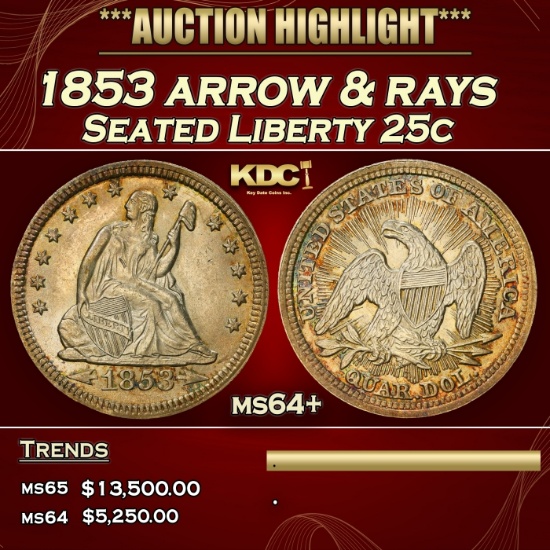 1853 arrow & rays Seated Liberty Quarter 25c ms64+ SEGS
