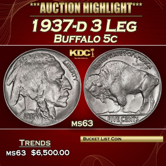 1937-d 3 Leg Buffalo Nickel 5c ms63 USCG