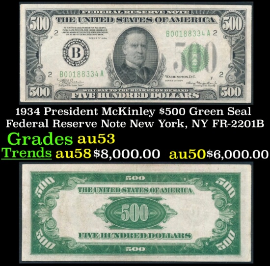 1934 $500 Green Seal Federal Reserve Note President McKinley New York, NY Grades Select AU FR-2201B