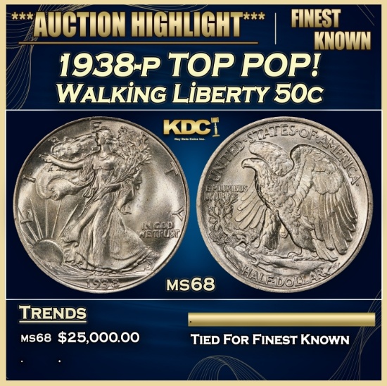 1938-p Walking Liberty Half Dollar TOP POP! 50c ms68 SEGS