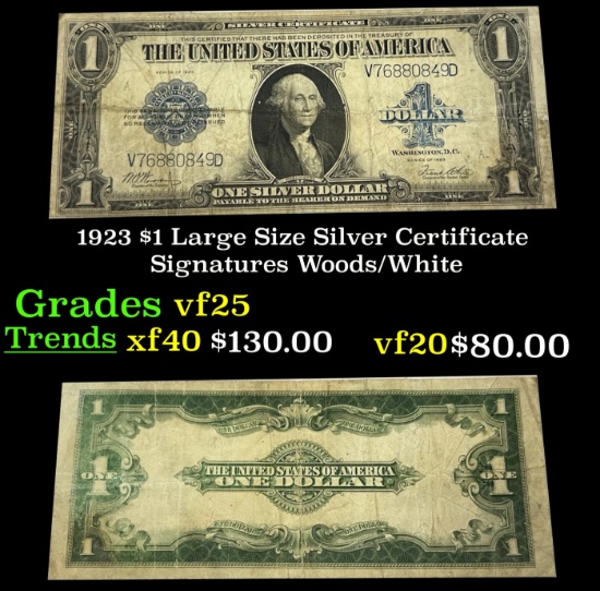 1923 $1 large size Silver Certificate Grades vf+ Signatures Woods/White