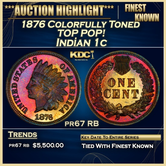 1876 Proof Indian Cent Colorfully Toned TOP POP! 1c pr67 RB SEGS