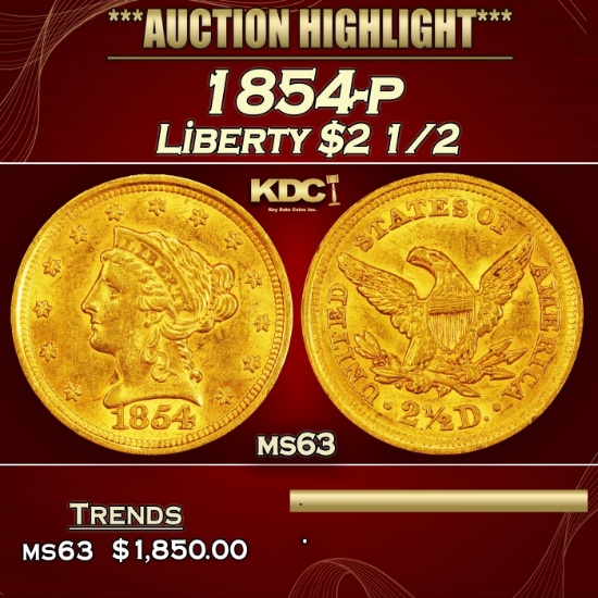 1854-p Gold Liberty Quarter Eagle $2 1/2 ms63 SEGS