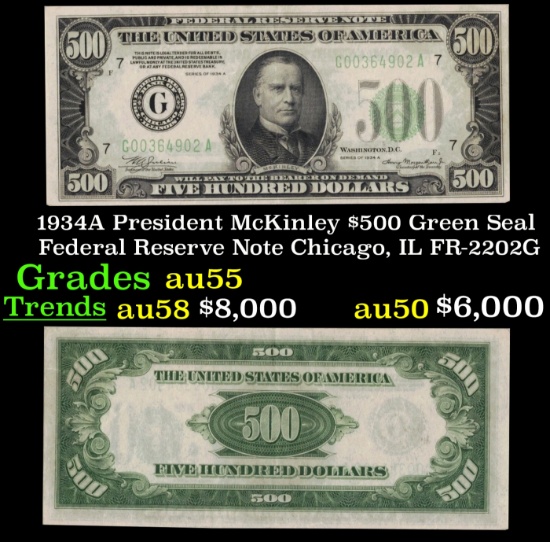 1934A $500 Green Seal Federal Reserve Note President McKinley Chicago, IL Grades Choice AU FR-2202G