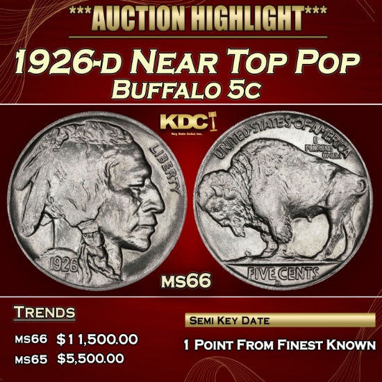 1926-d Buffalo Nickel Near Top Pop 5c ms66 SEGS