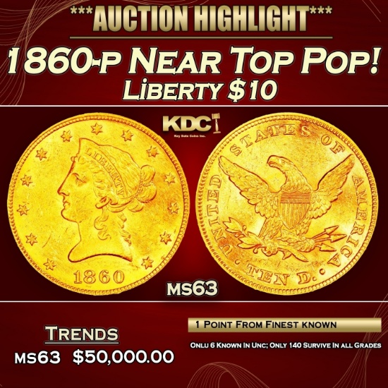 1860-p Gold Liberty Eagle Near Top Pop! $10 ms63 SEGS