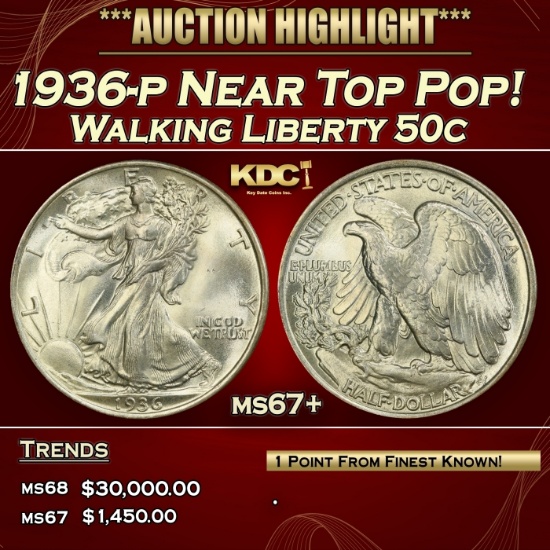 1936-p Walking Liberty Half Dollar Near Top Pop! 50c ms67+ SEGS