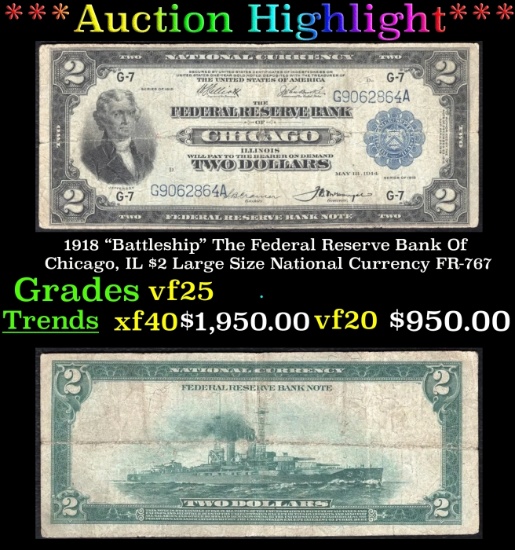 1918 $2 Large Size National Currency "Battleship" The Federal Reserve Bank Of Chicago, IL Grades vf+