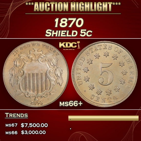1870 Shield Nickel 5c ms66+ SEGS