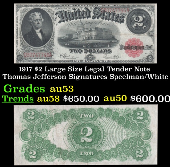 1917 $2 Large Size Legal Tender Note Thomas Jefferson Grades Select AU Signatures Speelman/White