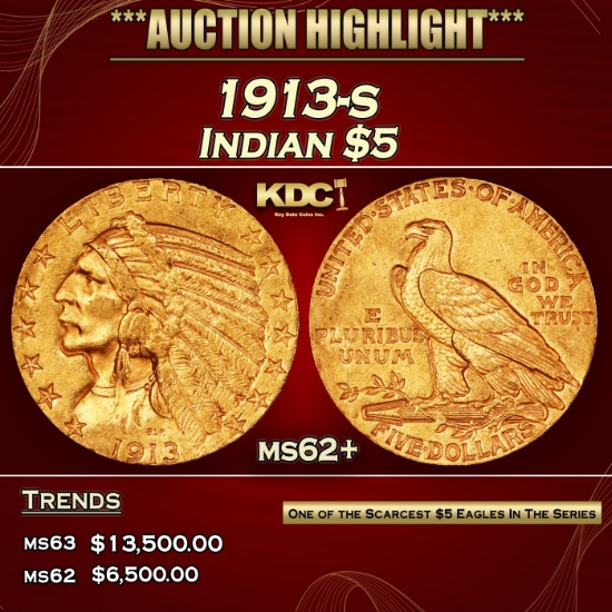 1913-s Gold Indian Half Eagle $5 ms62+ USCG