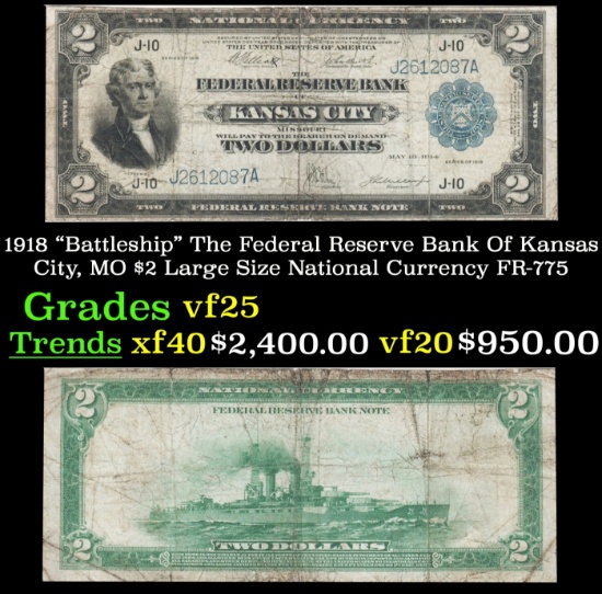 1918 $2 Large Size National Currency "Battleship" The Federal Reserve Bank Of Kansas City, MO Grades