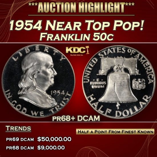 1954 Proof Franklin Half Dollar Near Top Pop! 50c pr68+ DCAM SEGS