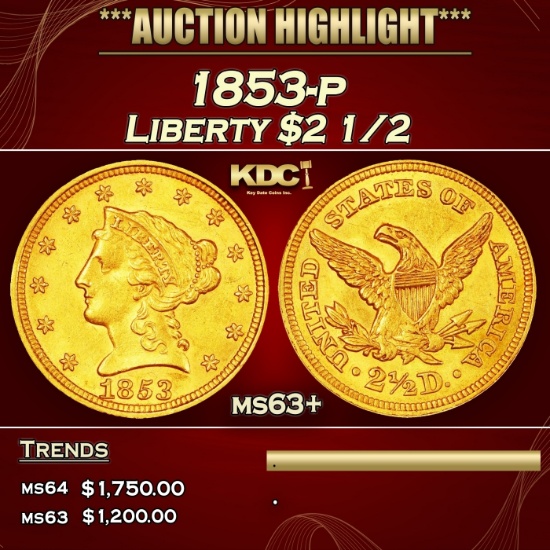 1853-p Gold Liberty Quarter Eagle $2 1/2 ms63+ USCG