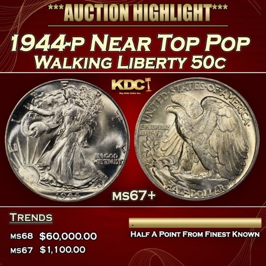 1944-p Walking Liberty Half Dollar Near Top Pop 50c ms67+ SEGS