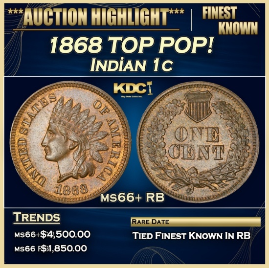 1868 Indian Cent TOP POP! 1c ms66+ RB SEGS
