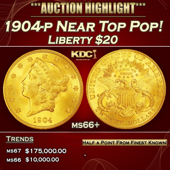 1904-p Gold Liberty Double Eagle Near Top Pop! $20 ms66+ SEGS