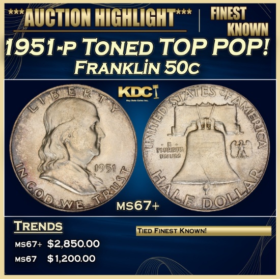 1951-p Franklin Half Dollar Toned TOP POP! 50c ms67+ SEGS