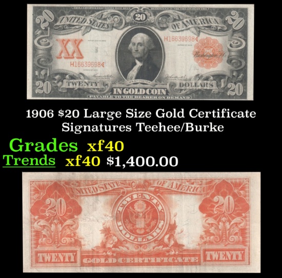 1906 $20 Large Size Gold Certificate Grades xf Signatures Teehee/Burke