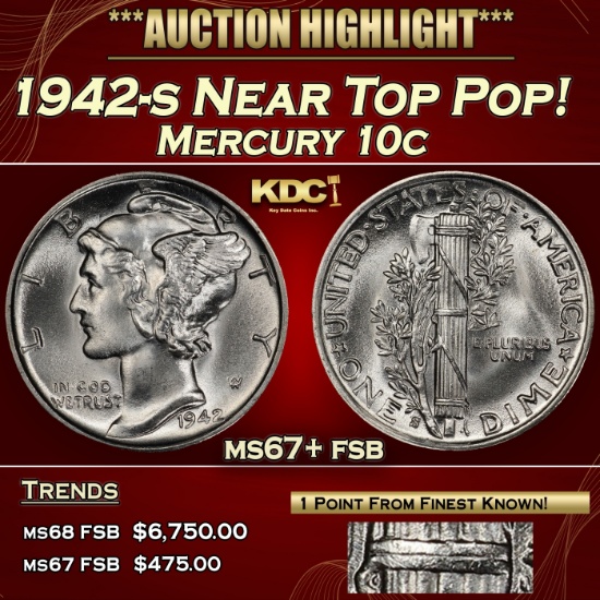1942-s Mercury Dime Near Top Pop! 10c ms67+ fsb SEGS