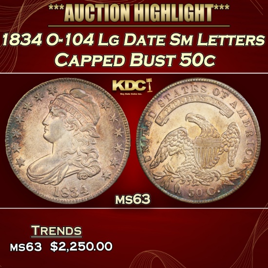 1834 Capped Bust Half Dollar O-104 Lg Date Sm Letters 50c ms63 USCG