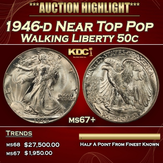 1946-d Walking Liberty Half Dollar Near Top Pop 50c ms67+ SEGS