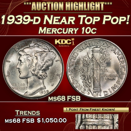 1939-d Mercury Dime Near Top Pop! 10c ms68 FSB SEGS