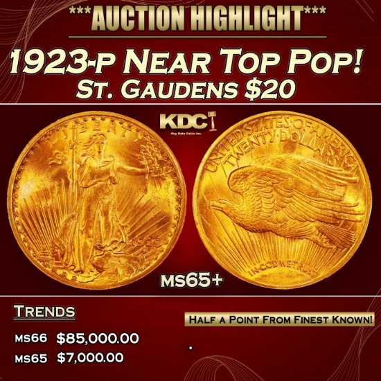 1923-p Gold St. Gaudens Double Eagle Near Top Pop! $20 ms65+ SEGS