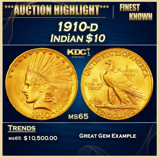 1910-d Gold Indian Eagle $10 ms65 SEGS