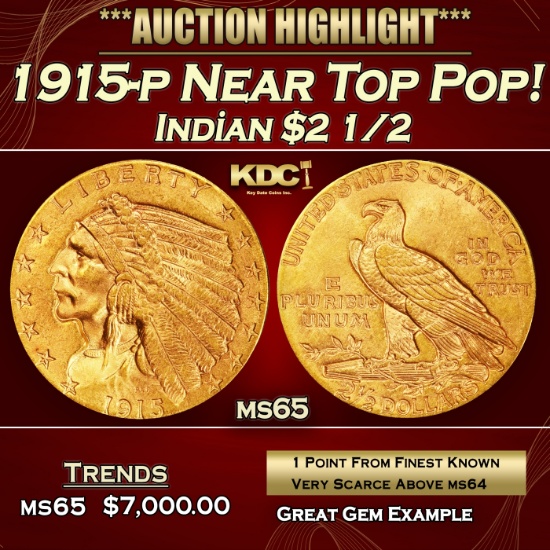 1915-p Gold Indian Quarter Eagle Near Top Pop! $2 1/2 ms65 SEGS