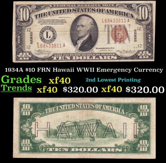 1934A $10 FRN Hawaii WWII Emergency Currency Grades xf