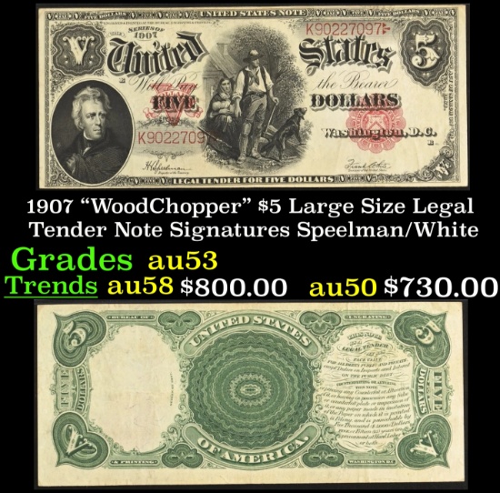 1907 $5 Large Size Legal Tender Note "WoodChopper" Grades Select AU Signatures Speelman/White