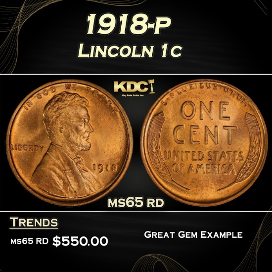 1918-p Lincoln Cent 1c Grades ms65 rd