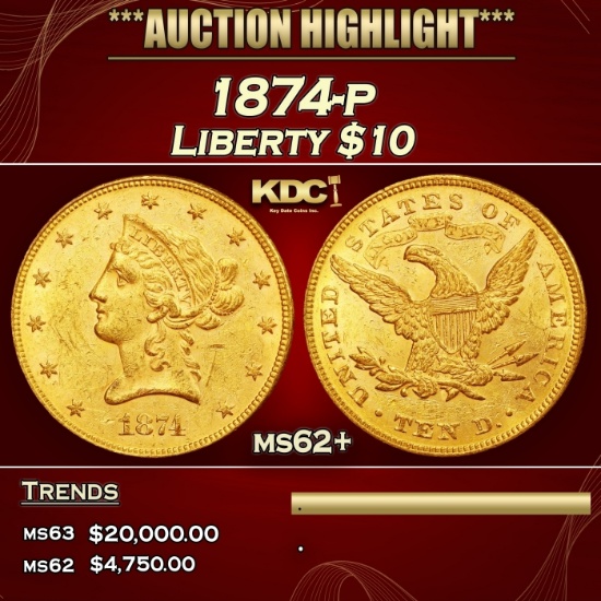 1874-p Gold Liberty Eagle $10 ms62+ SEGS