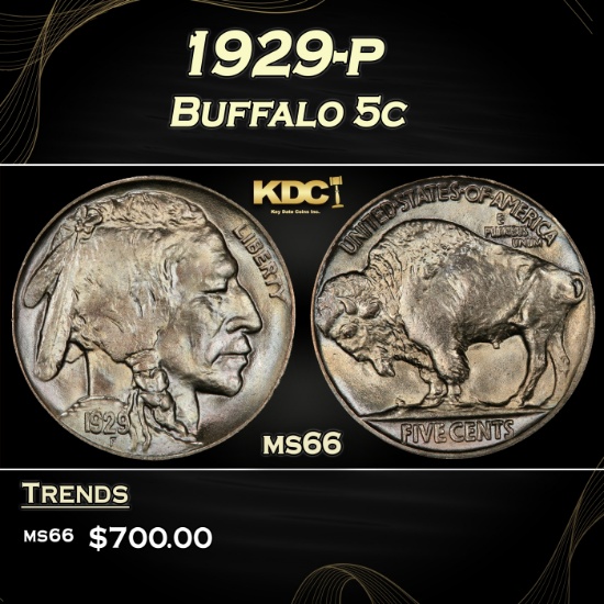 1929-p Buffalo Nickel 5c Grades ms66