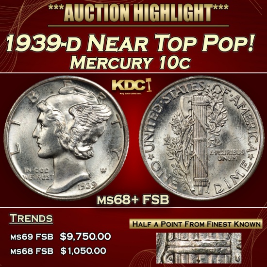 1939-d Mercury Dime Near Top Pop! 10c ms68+ FSB SEGS