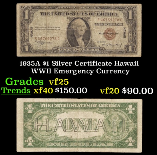 1935A $1 Silver Certificate Hawaii WWII Emergency Currency Grades vf+